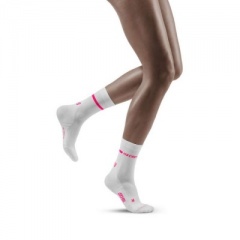 CEP Women's White and Pink Neon Mid-Cut Compression Socks for Running